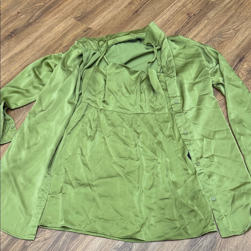 Nasty Gal Olive Satin dress and button up set
